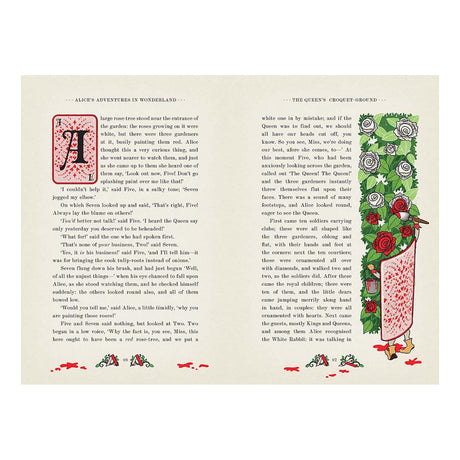 Illustrated pages from Alice in Wonderland showing a playing card gardener painting white roses red with a brush.