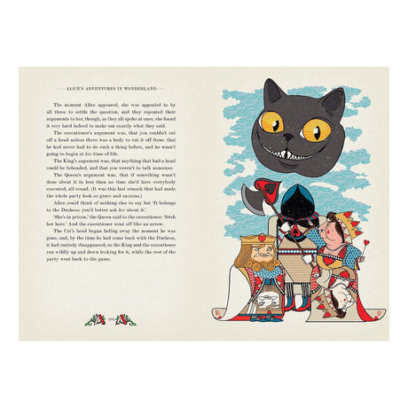 Cheshire Cat's floating head grins over the King and Queen of Hearts in a stylized Alice in Wonderland illustration.