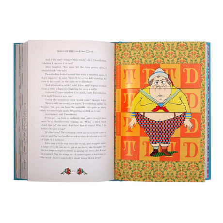 Open book featuring Alice in Wonderland text and a colorful pop-up illustration of Tweedledee in a checkered outfit.