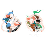 Children wearing helmets and capes ride on animals holding flags. A playful and adventurous tone is set against a textured background.