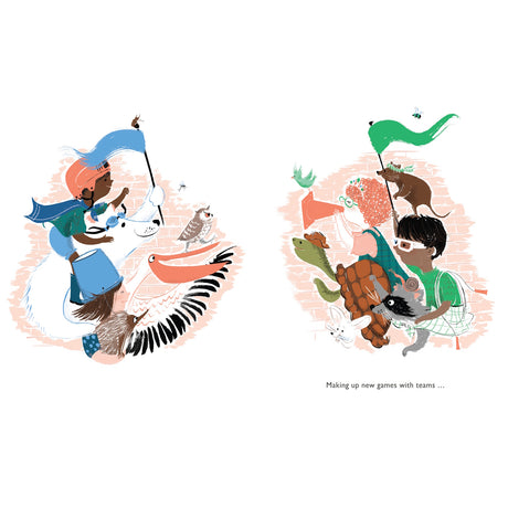 Children wearing helmets and capes ride on animals holding flags. A playful and adventurous tone is set against a textured background.