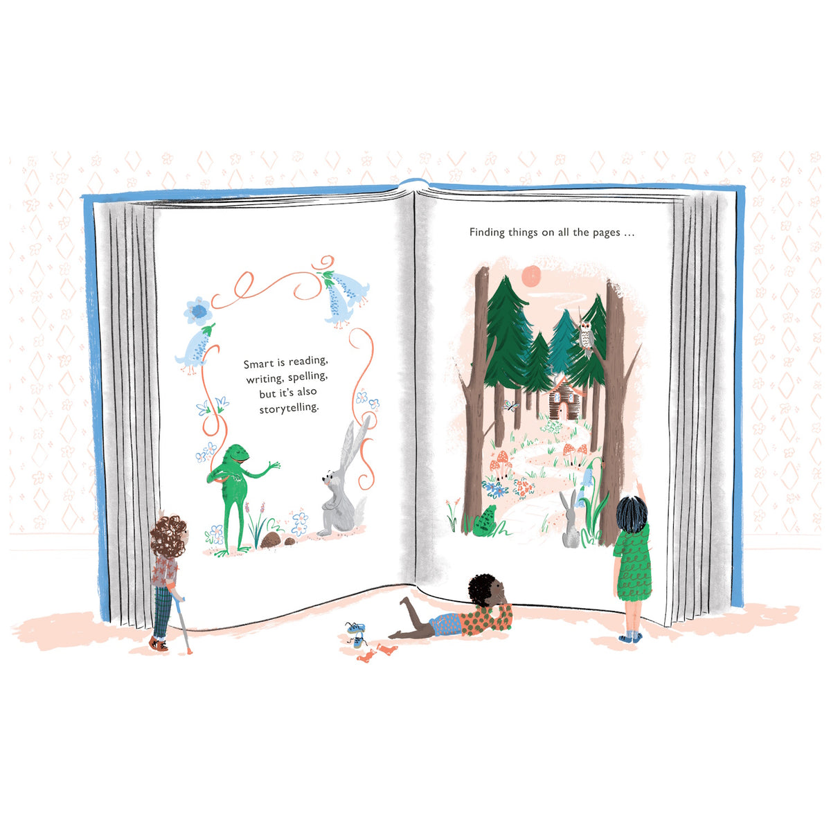 An open book with illustrated pages shows a whimsical forest scene and a quote about storytelling. Three children are engaged, one lying down, two standing. The mood is imaginative and curious.