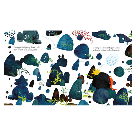 Illustration of an egg rolling through a colorful rocky landscape with varied deep blue and teal rocks, green foliage, and a small red creature peeking out.