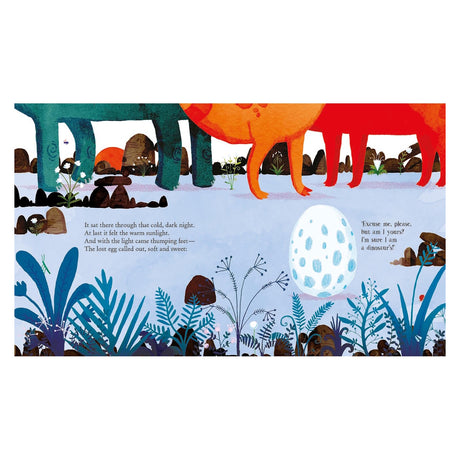 Illustrated scene with vibrant dinosaur legs in green and orange above a blue-speckled egg. Surrounding plants in blue tones evoke a playful, whimsical mood.