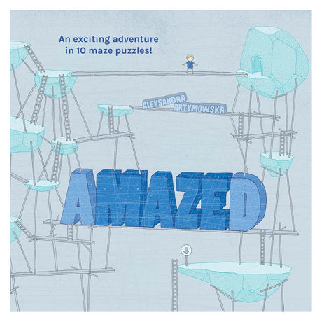 Amazed maze puzzle book cover by Aleksandra Artymowska featuring a boy navigating floating islands and ladders.
