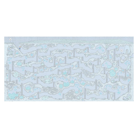 Intricate blue and white underground maze illustration for children featuring ladders, crystals, and origami shapes.