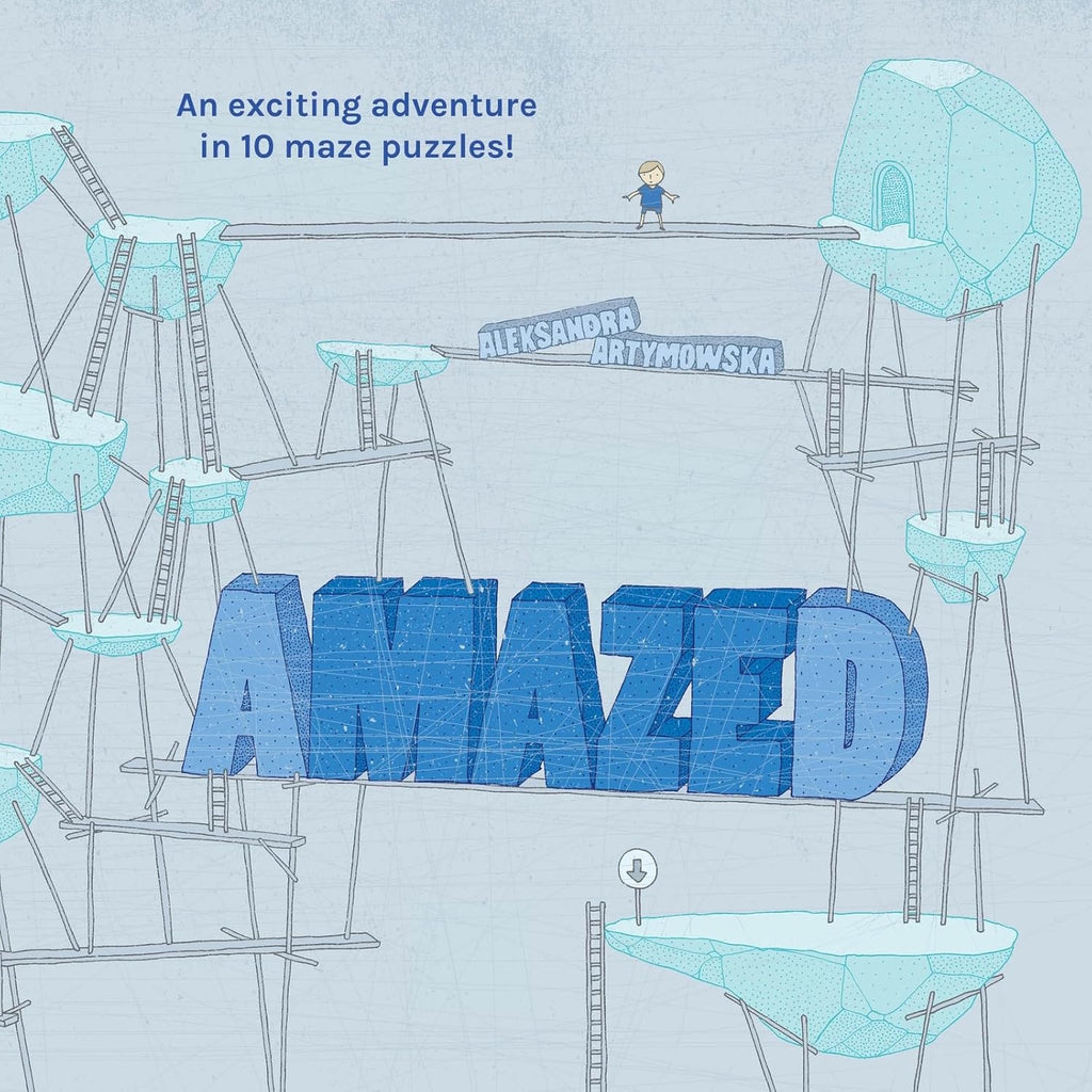 Illustrated scene with floating platforms, ladders, and a child walking a narrow path. Bold text 'AMAZED' in blue.
