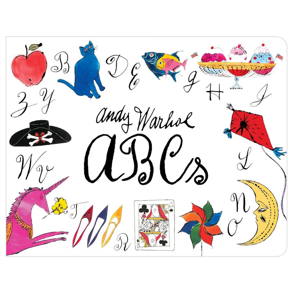 Colorful, playful illustration for "Andy Warhol's ABCs" featuring alphabet letters with whimsical images like apples, cats, fish, and kites.