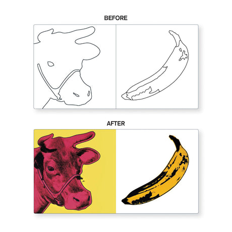Line drawings of a cow and banana are shown in the "before" section. In the "after" section, the cow is colored vivid red against yellow and the banana is bright yellow with black spots, creating a bold pop art effect.