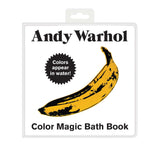 Bath book cover featuring a stylized yellow banana with black spots, a nod to Andy Warhol. Text: 'Andy Warhol Color Magic Bath Book. Colors appear in water!' The tone is playful and artistic.
