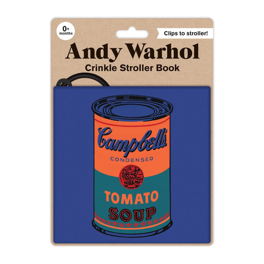 Andy Warhol crinkle stroller book cover featuring a colorful illustration of a Campbell's tomato soup can on a blue background. The packaging is designed for infants 0+ months, with a note that it clips to strollers.