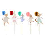 Five wooden cake toppers of dressed animal figures, each holding a colorful honeycomb balloon.