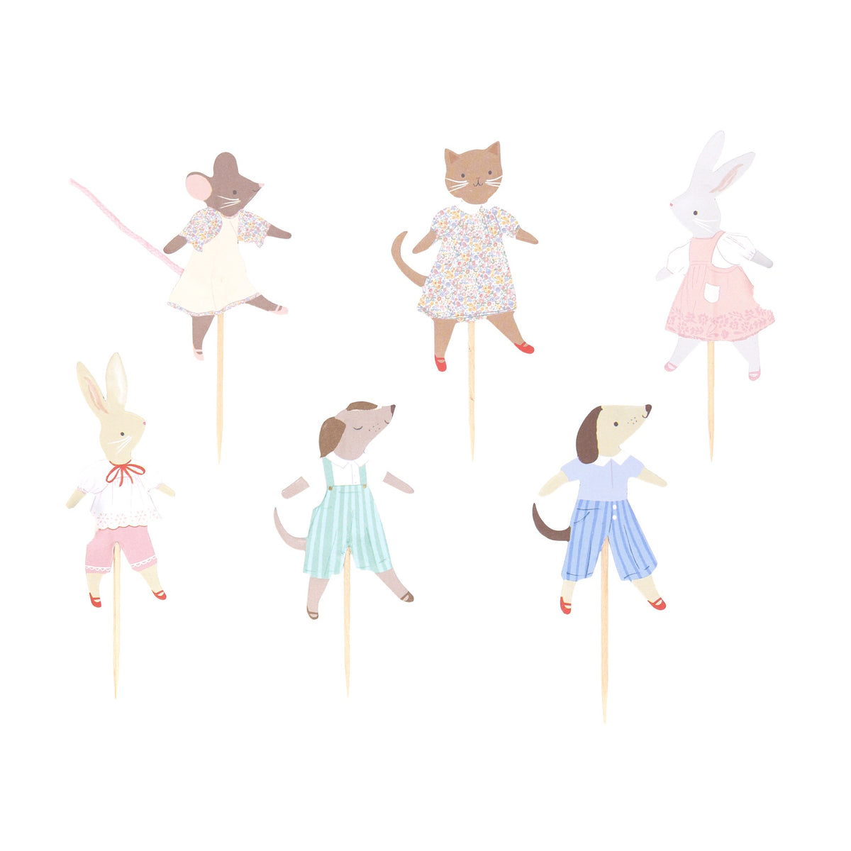 Set of illustrated animal cupcake toppers featuring dressed-up rabbits, dogs, a cat, and a mouse on wooden picks.