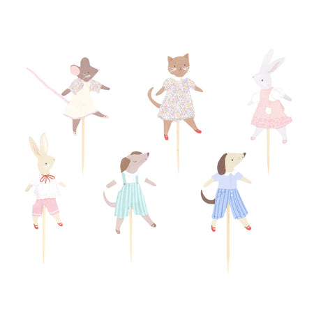 Set of illustrated animal cupcake toppers featuring dressed-up rabbits, dogs, a cat, and a mouse on wooden picks.