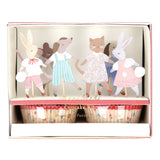 Packaged Meri Meri Animal Friends Cupcake Kit featuring illustrated animal toppers and floral pattern liners.
