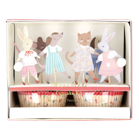Packaged Meri Meri Animal Friends Cupcake Kit featuring illustrated animal toppers and floral pattern liners.