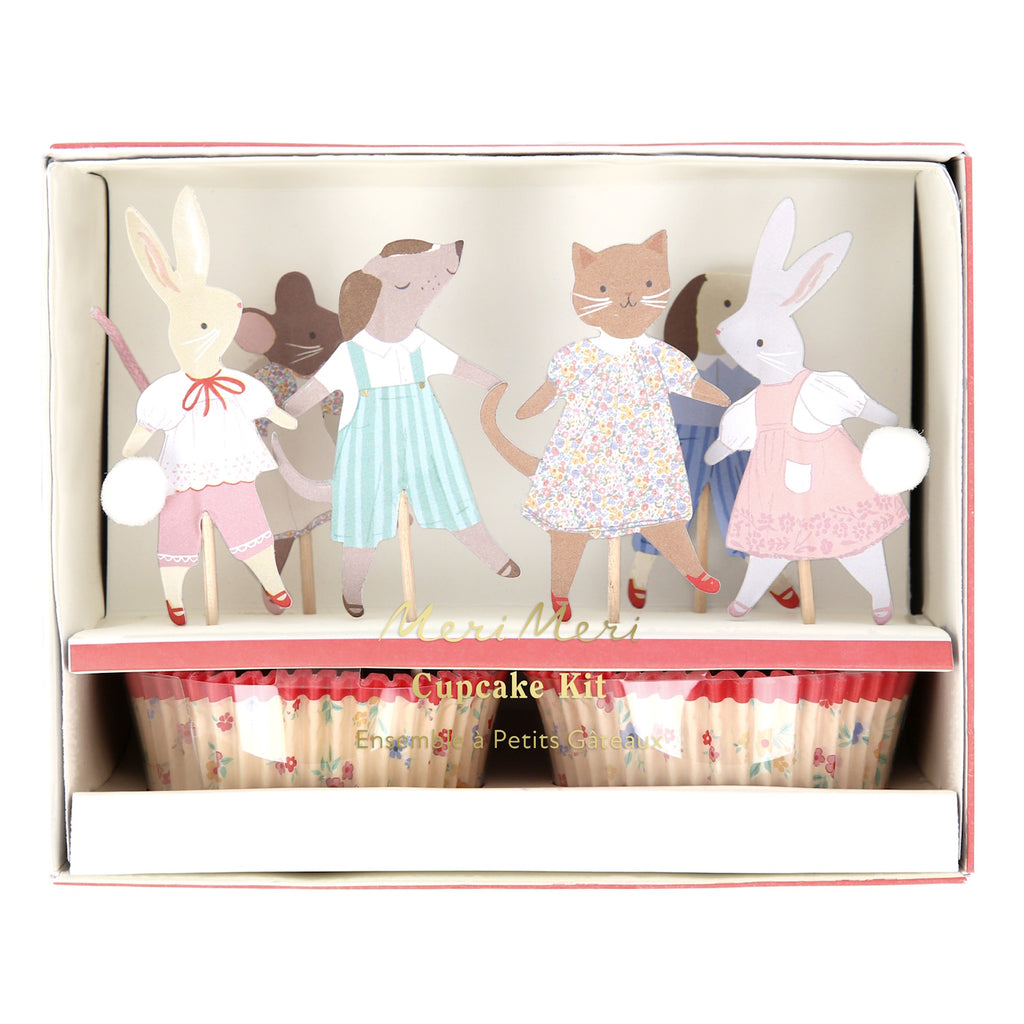 A set of cupcake decorations featuring adorable animal toppers and colorful wrappers, perfect for adding a playful touch to animal-themed parties.