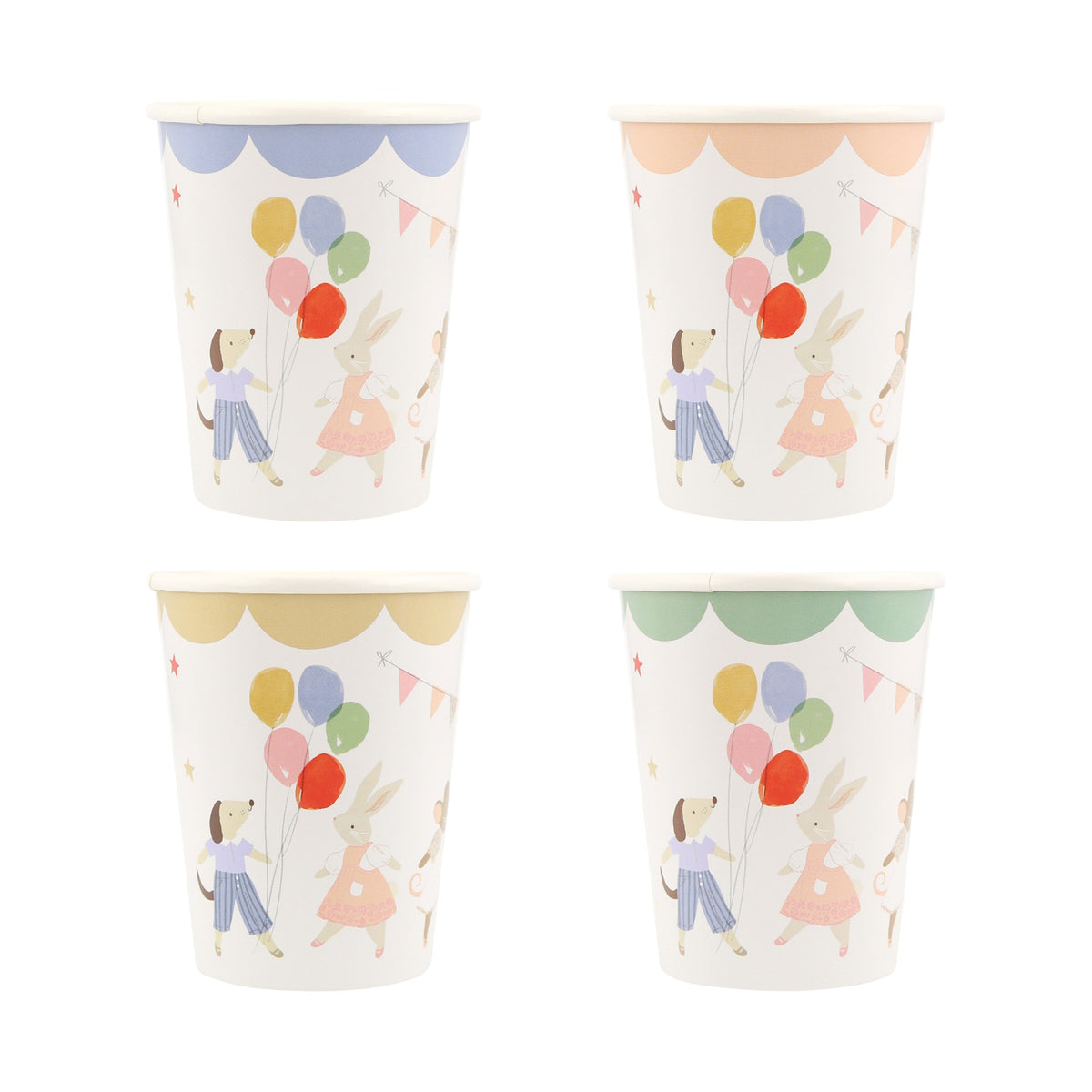 Four paper party cups with illustrations of a dog, a rabbit, and balloons in pastel colors.