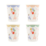 Four paper party cups with illustrations of a dog, a rabbit, and balloons in pastel colors.