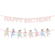 A two-strand garland with red "HAPPY BIRTHDAY" text and dressed animal cutouts holding hands.