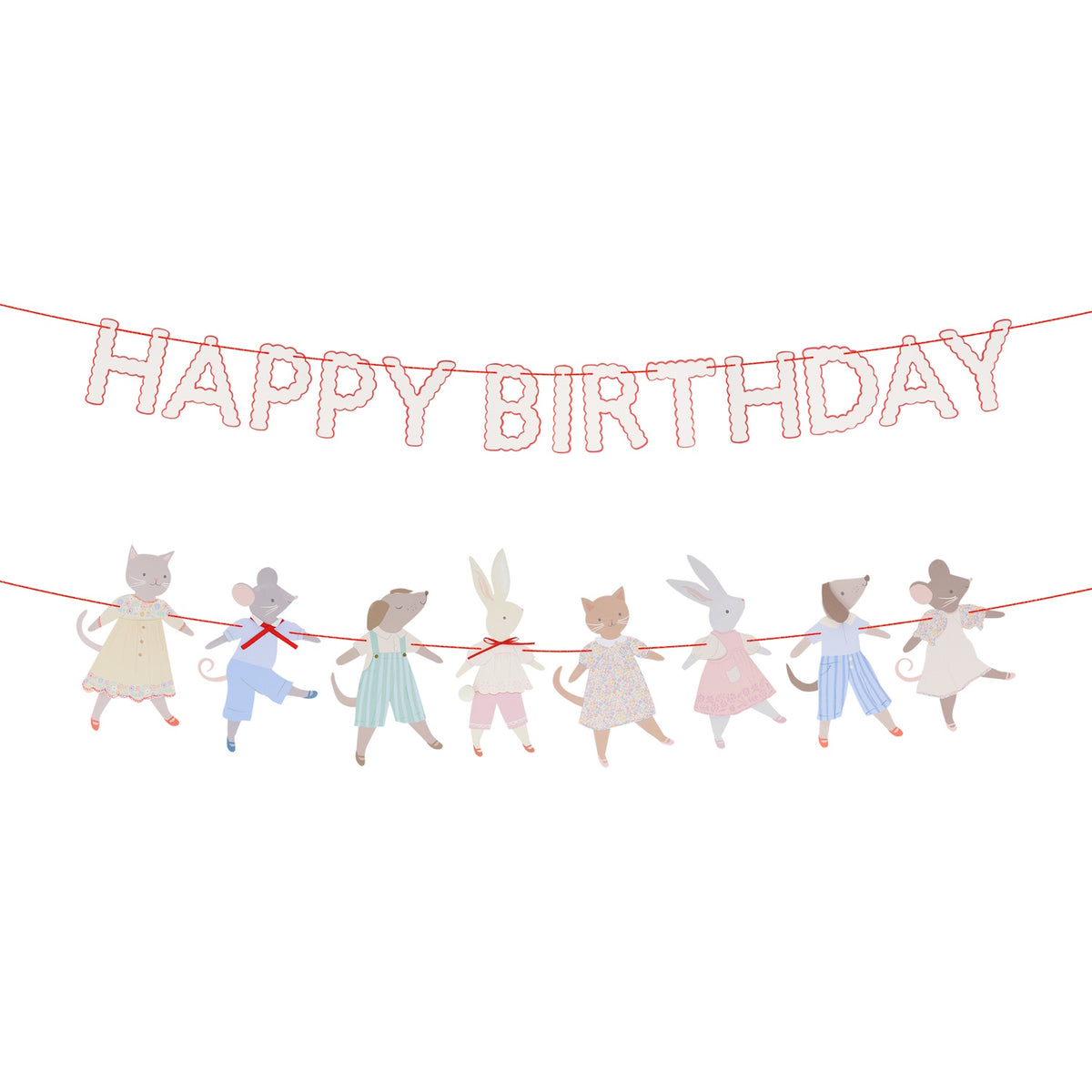 A two-strand garland with red "HAPPY BIRTHDAY" text and dressed animal cutouts holding hands.