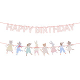 A two-strand garland with red "HAPPY BIRTHDAY" text and dressed animal cutouts holding hands.