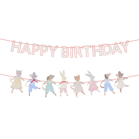 A two-strand garland with red "HAPPY BIRTHDAY" text and dressed animal cutouts holding hands.