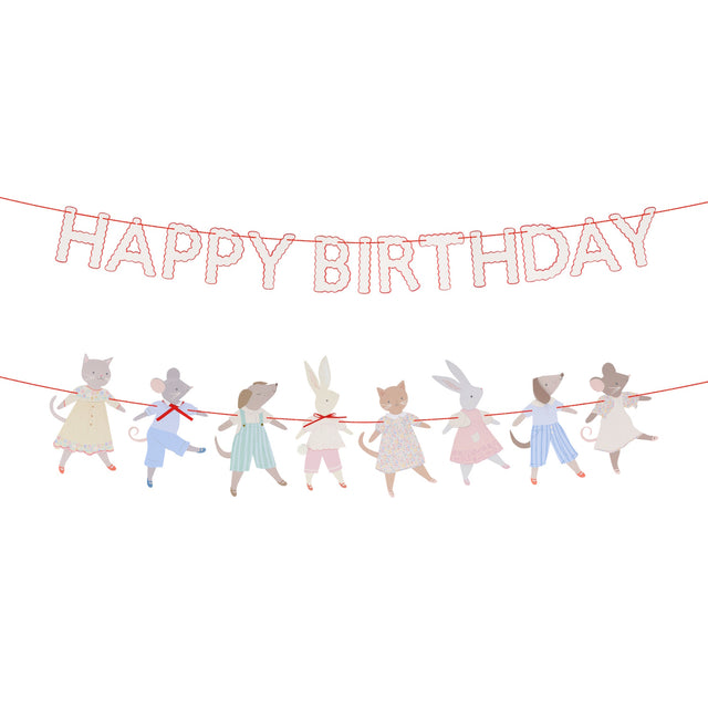 A two-strand garland with red "HAPPY BIRTHDAY" text and dressed animal cutouts holding hands.