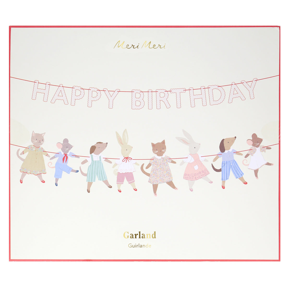 Packaging for a Meri Meri "HAPPY BIRTHDAY" animal friends garland on a white card background.