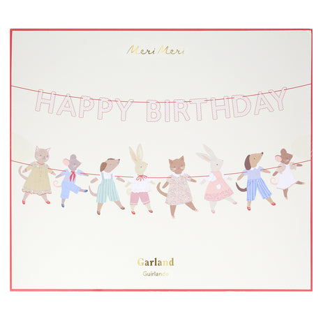 Packaging for a Meri Meri "HAPPY BIRTHDAY" animal friends garland on a white card background.