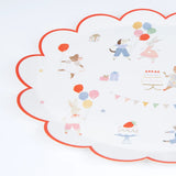 Scalloped paper plate with red trim, featuring illustrations of party animals, balloons, and cake.