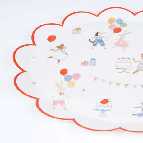Scalloped paper plate with red trim, featuring illustrations of party animals, balloons, and cake.