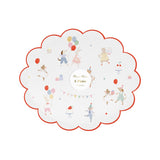 Meri Meri scalloped paper plate featuring illustrated party animals, balloons, and cake.