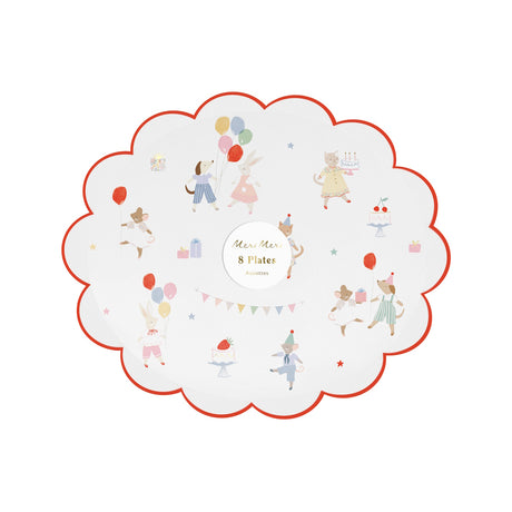 Meri Meri scalloped paper plate featuring illustrated party animals, balloons, and cake.