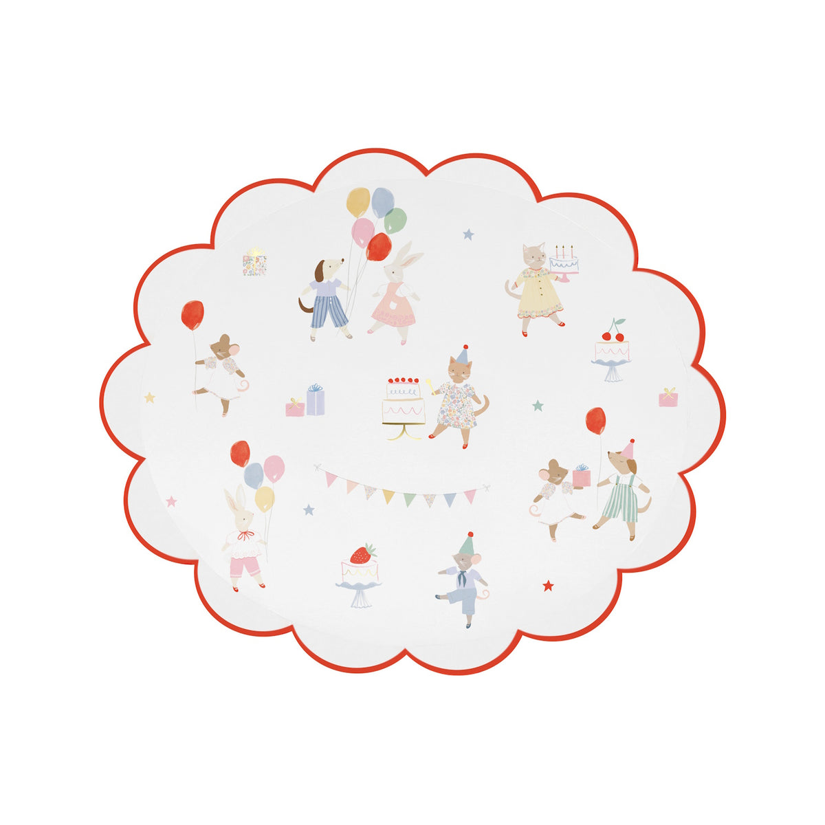 Illustration of cute animals celebrating a birthday party with cake, balloons, and gifts on a scalloped mat.