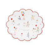 Illustration of cute animals celebrating a birthday party with cake, balloons, and gifts on a scalloped mat.