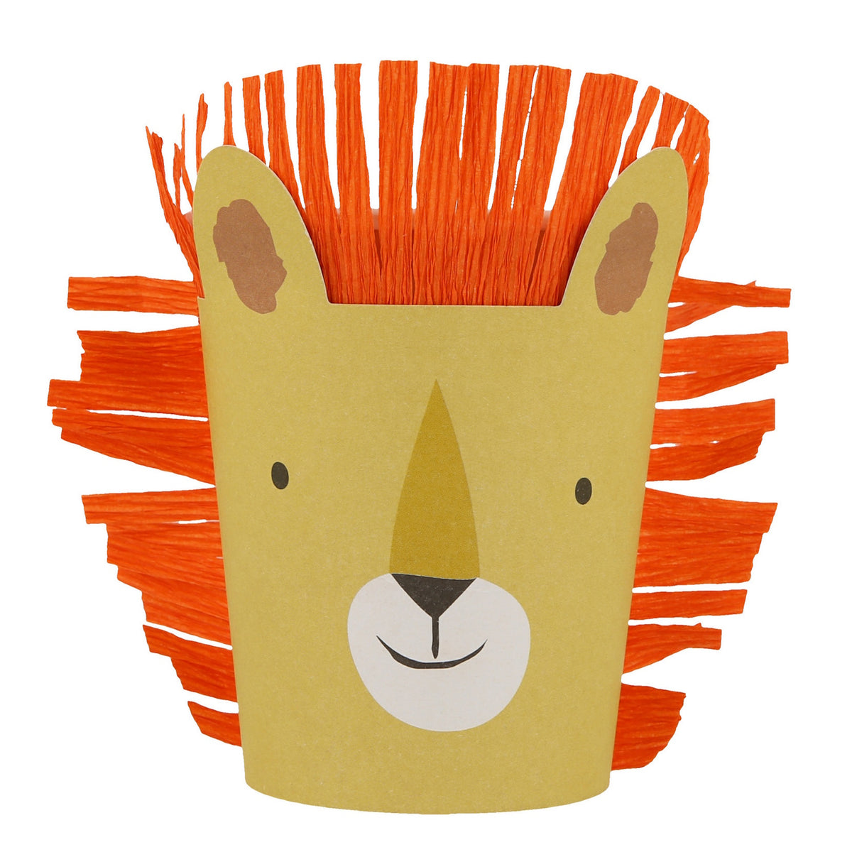 Yellow paper cup featuring a lion's face with an orange crepe paper fringed mane.