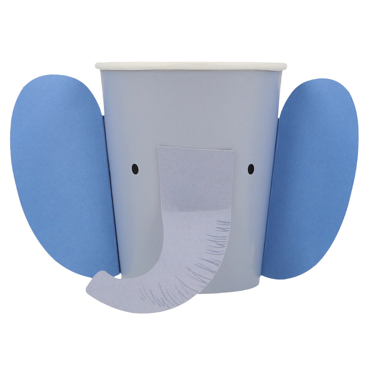 Blue paper cup featuring an elephant design with pop-out ears and a curved trunk.