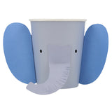 Blue paper cup featuring an elephant design with pop-out ears and a curved trunk.