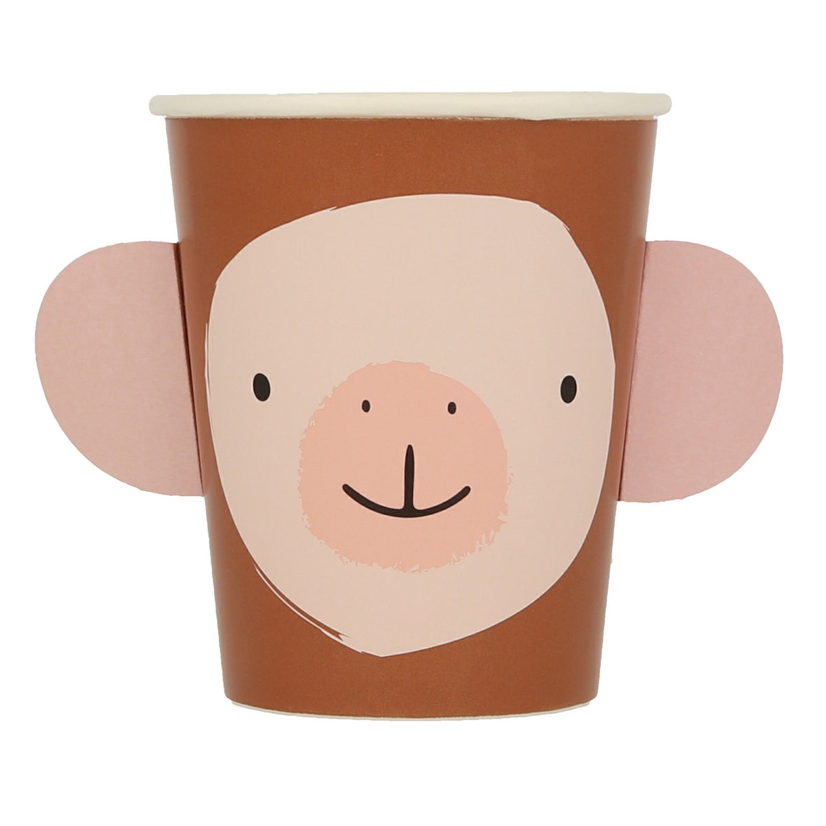 Brown paper cup featuring a monkey's face with pop-out pink ears.