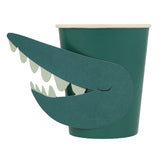 Dark green paper cup featuring a crocodile design with a pop-out open jaw and white teeth.
