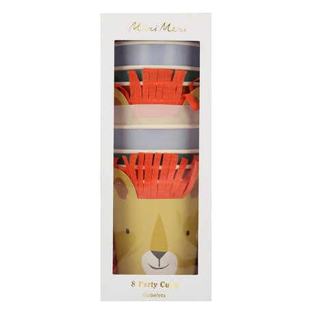 Packaged set of eight Meri Meri animal-themed paper cups visible through a clear display window.