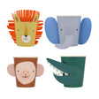Set of four animal-themed paper cups with pop-out details including a lion, elephant, monkey, and crocodile.