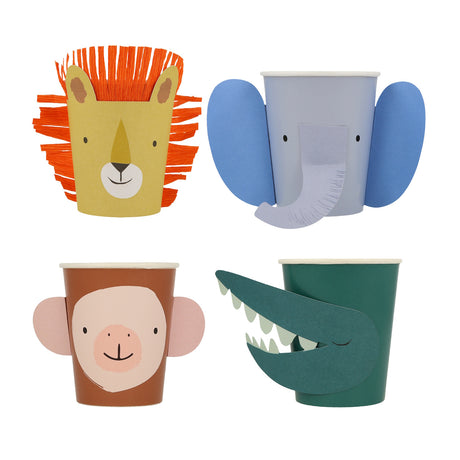 Set of four animal-themed paper cups with pop-out details including a lion, elephant, monkey, and crocodile.