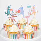 A set of cupcake decorations featuring animal-themed toppers and colorful wrappers, perfect for adding a fun touch to animal-themed parties.