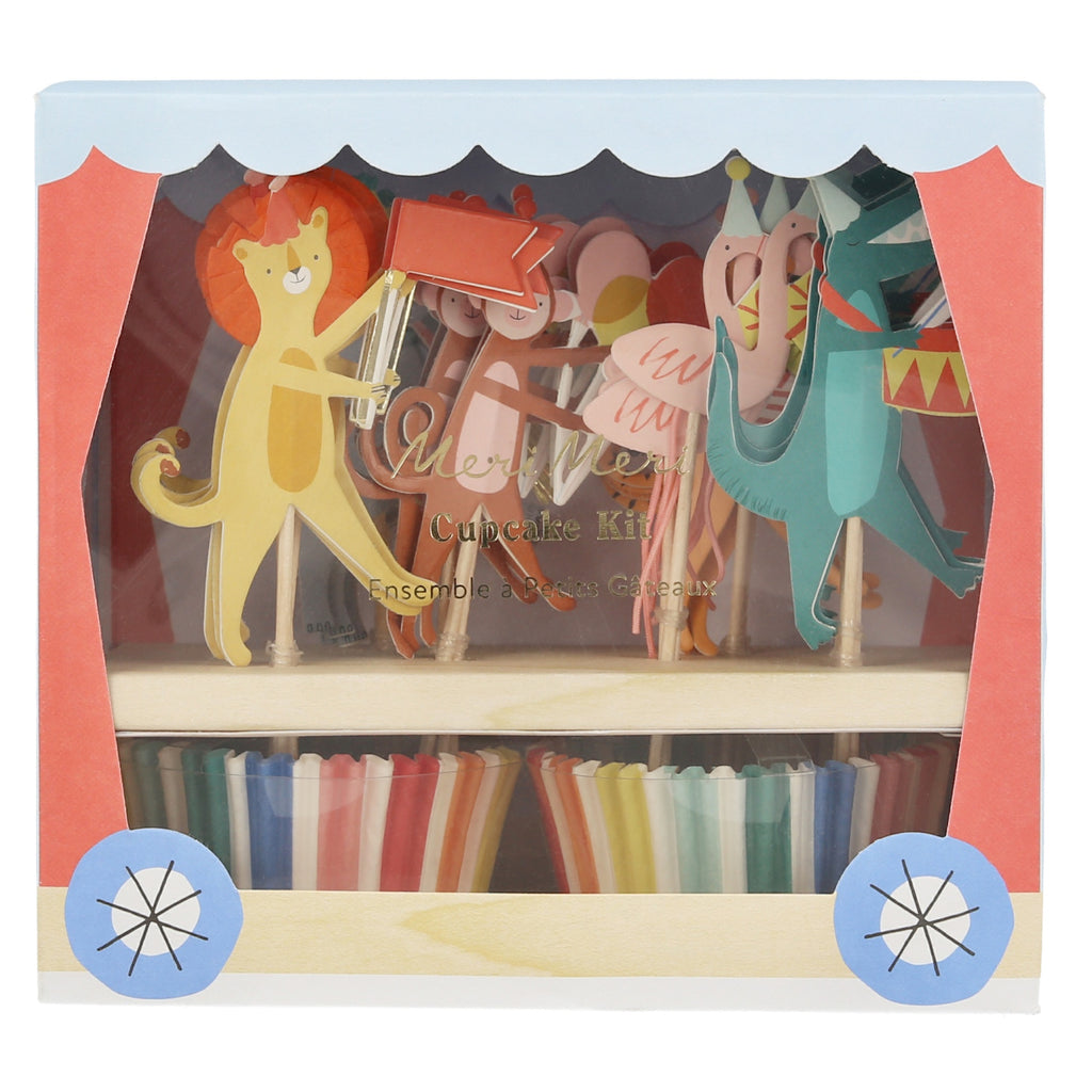 A set of cupcake decorations featuring animal-themed toppers and colorful wrappers, perfect for adding a fun touch to animal-themed parties.