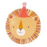 Die-cut paper plate shaped like a smiling lion wearing a red party hat with a pink pom-pom.