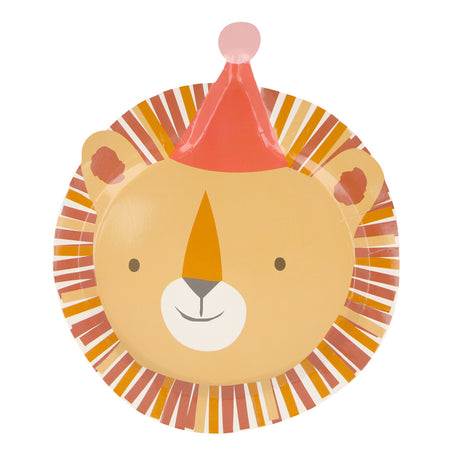 Die-cut paper plate shaped like a smiling lion wearing a red party hat with a pink pom-pom.