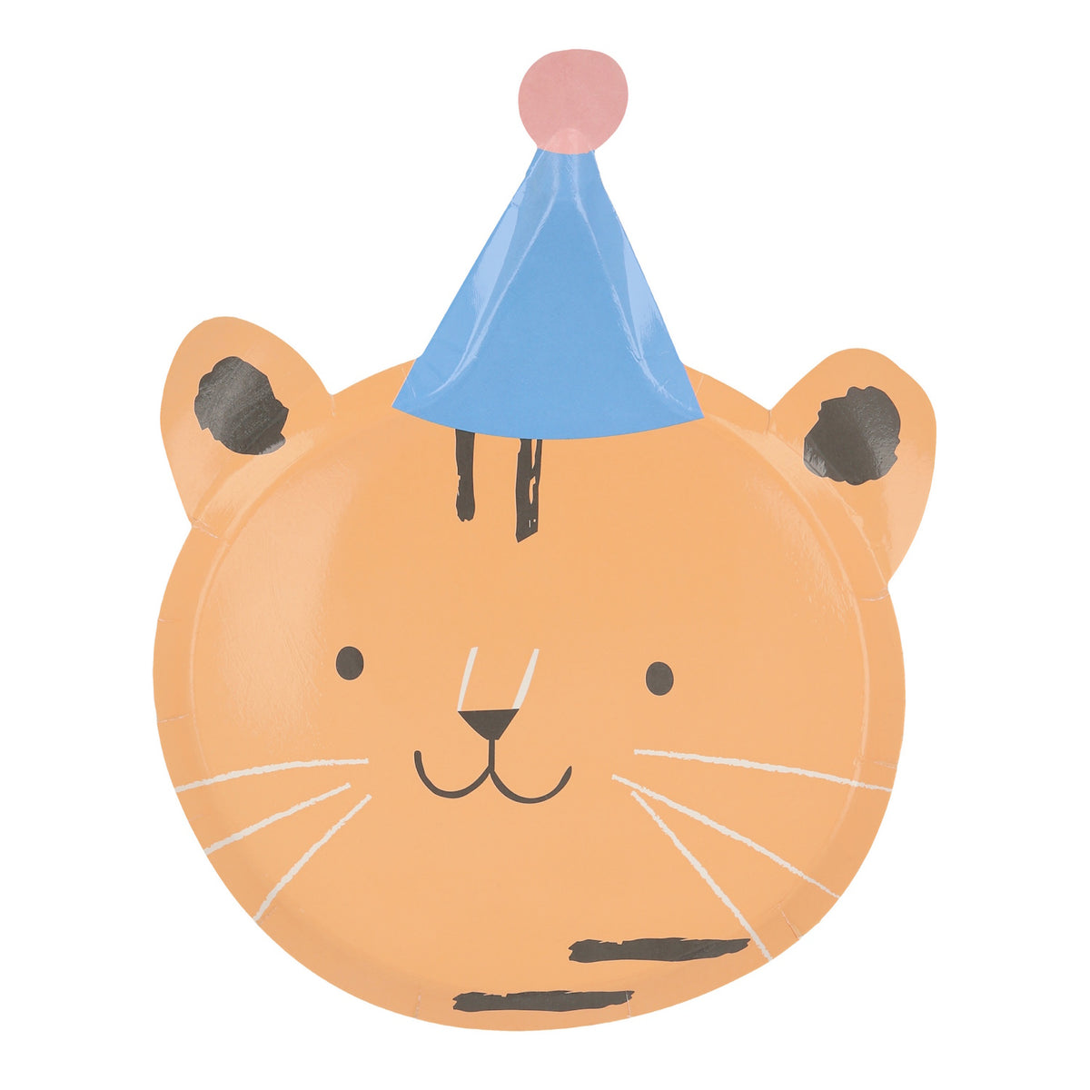 Die-cut paper plate shaped like a smiling tiger face wearing a blue party hat with a pink pom-pom.