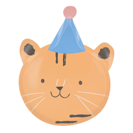Die-cut paper plate shaped like a smiling tiger face wearing a blue party hat with a pink pom-pom.